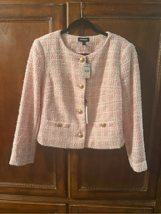 Express Jackets & Blazers - Express Pink Tweed Collarless Blazer with Gold Buttons